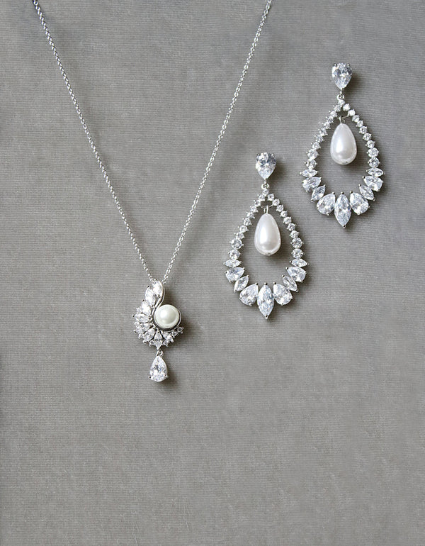 EDEN LUXE Bridal Jewelry Necklace and Earrings MIRABEL Silver Simulated Diamond and Pearl Drop Necklace and Earrings Set