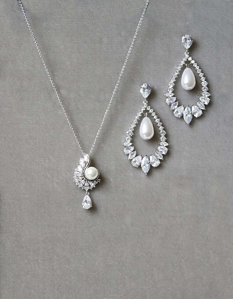 EDEN LUXE Bridal Jewelry Necklace and Earrings MIRABEL Silver Simulated Diamond and Pearl Drop Necklace and Earrings Set