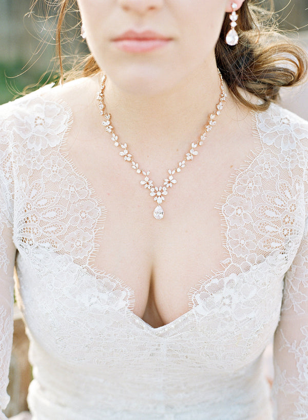 EDEN LUXE Bridal Jewelry Necklace and Earrings / Rose Gold ADELIE Rose Gold Simulated Diamond Necklace and Earrings Set