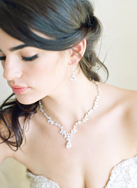 Crystal and Pearl Floral Necklace and Earring Set | David's Bridal