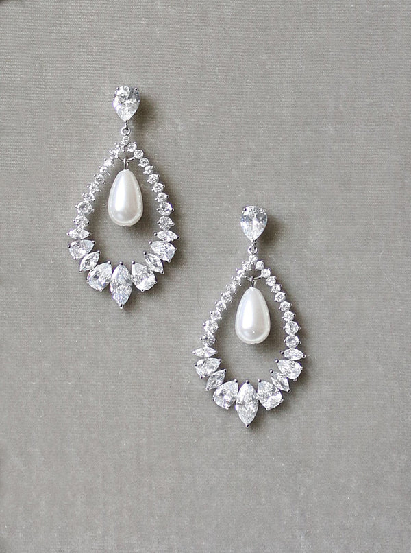 EDEN LUXE Bridal Jewelry Silver MIRABEL Simulated Diamond and Pearl Drop Earrings