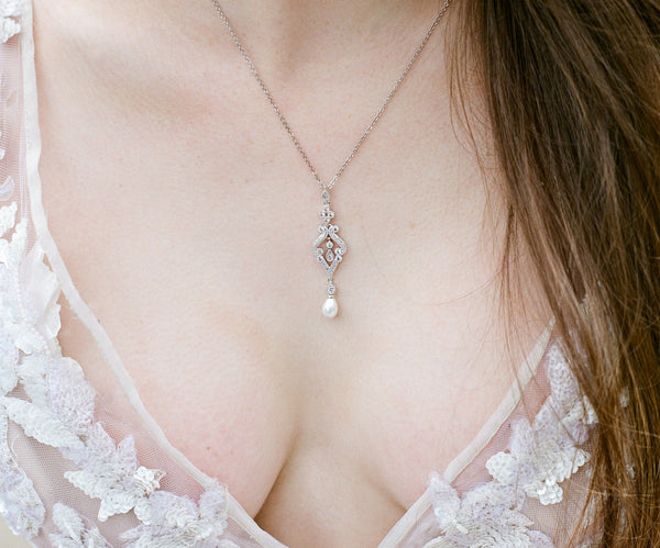 EDEN LUXE Bridal Necklace AURELIE Simulated Diamond and Pearl Drop Necklace
