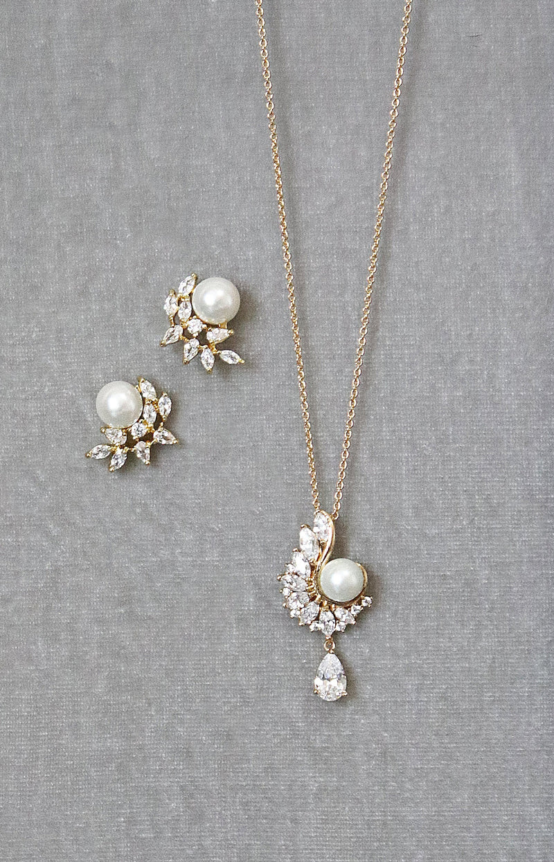 EDEN LUXE Bridal Necklace Gold Mirabel Necklace and Fayette Earrings MIRABEL Simulated Diamond and Pearl Drop Necklace