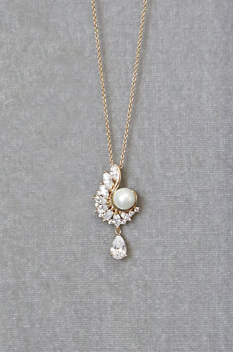 EDEN LUXE Bridal Necklace Gold Mirabel Necklace Only MIRABEL Simulated Diamond and Pearl Drop Necklace