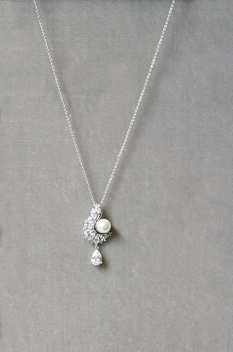 EDEN LUXE Bridal Necklace Necklace Only / Silver MIRABEL Simulated Diamond and Pearl Drop Necklace