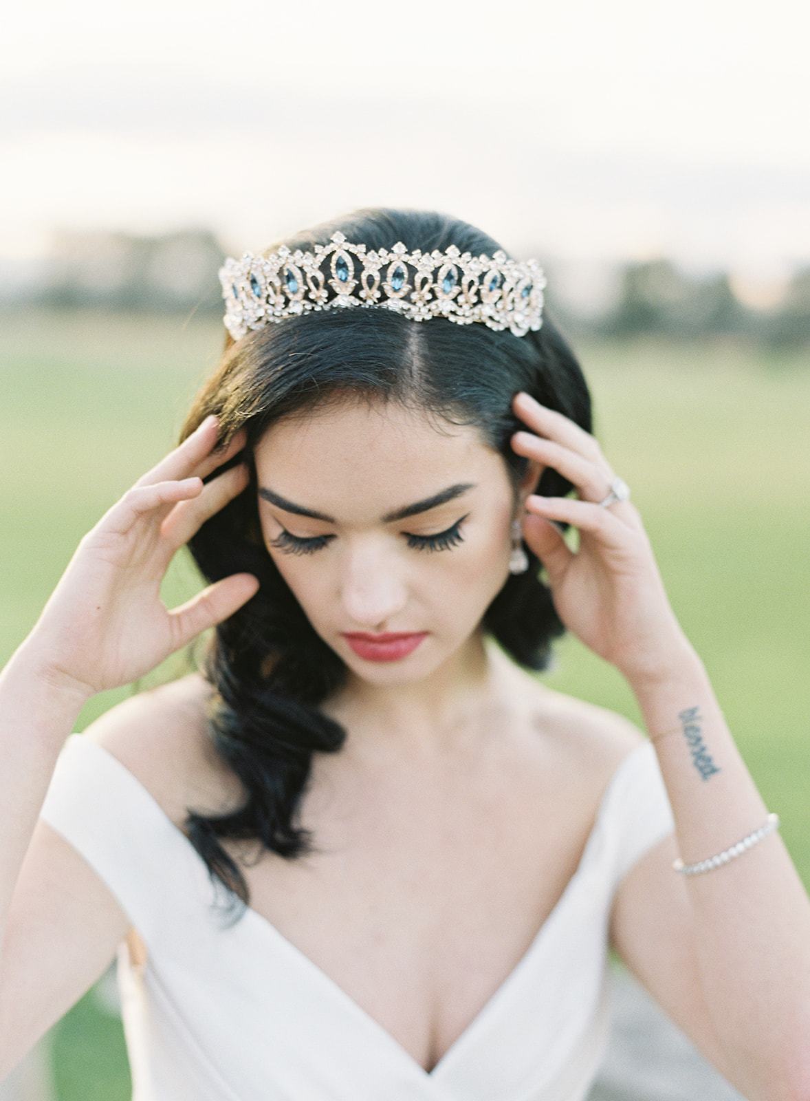 EDEN LUXE Bridal Tiara Colored Accent Stone Centers GRAND SERENA Rose Gold Tiara with London Blue Accent Stones and Pearls