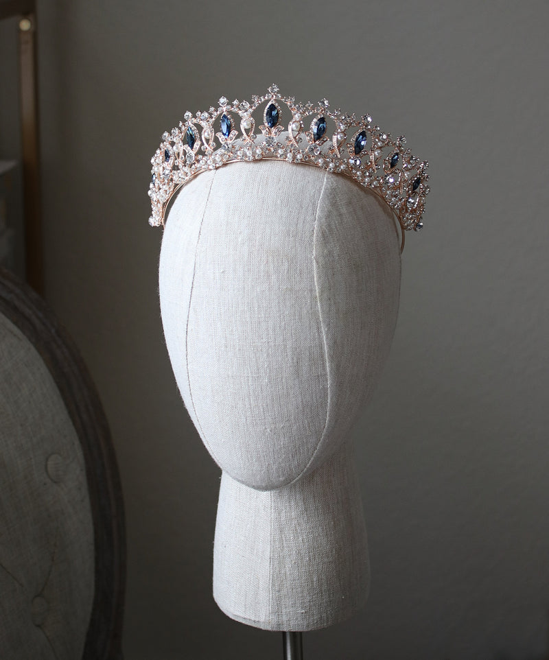 EDEN LUXE Bridal Tiara Colored Accent Stone Centers with Pearling Added GRAND SERENA Rose Gold Tiara with London Blue Topaz Swarovski Crystal Accents