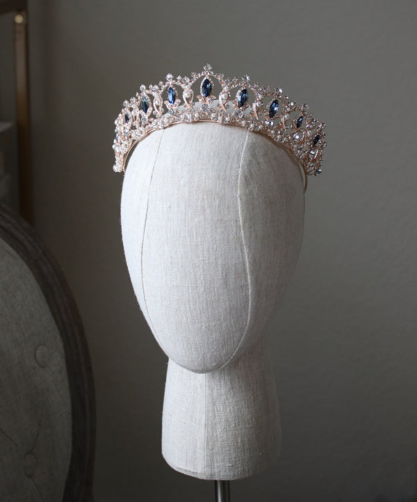 EDEN LUXE Bridal Tiara GRAND SERENA Rose Gold Tiara with London Blue Accent Stones and Pearls