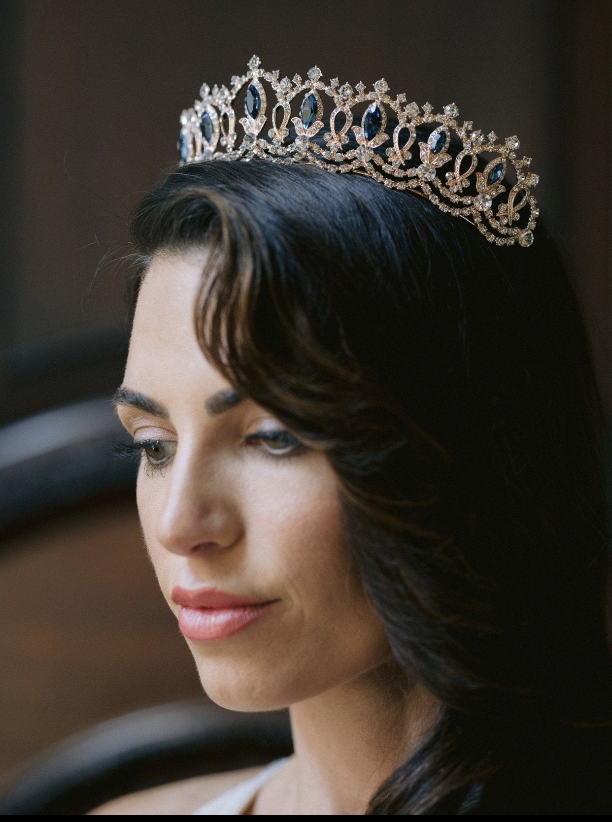 EDEN LUXE Bridal Tiara London Blue Swarovski Crystal Center Accent Stones Added GRAND SERENA Rose Gold Tiara with Swarovski Crystal Colored Center Accent Stones