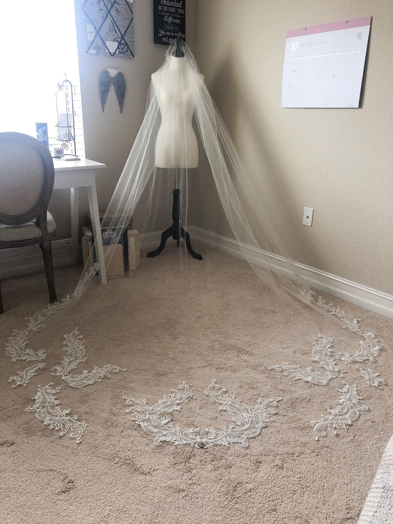 EDEN LUXE Bridal Veil HEATHER Lace Applique and Crystal Cathedral Veil