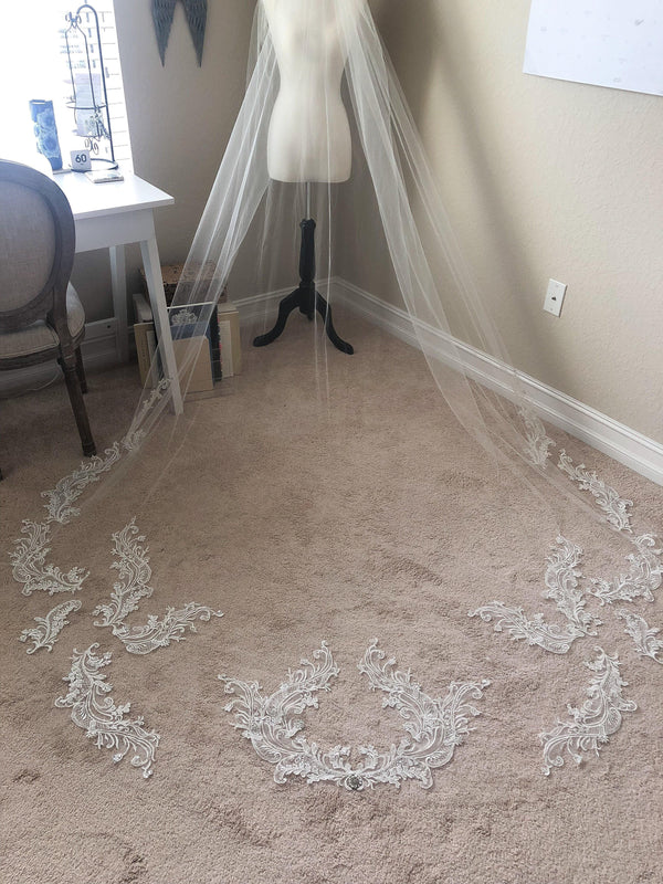 EDEN LUXE Bridal Veil HEATHER Lace Applique and Crystal Cathedral Veil