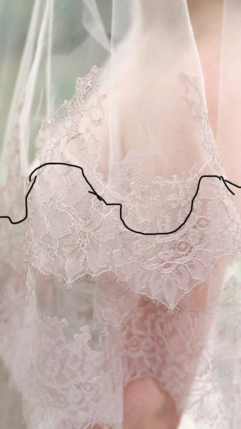 Wedding Ivory Tulle Pink Flower Lace Cathedral Veil Lace Bridal
