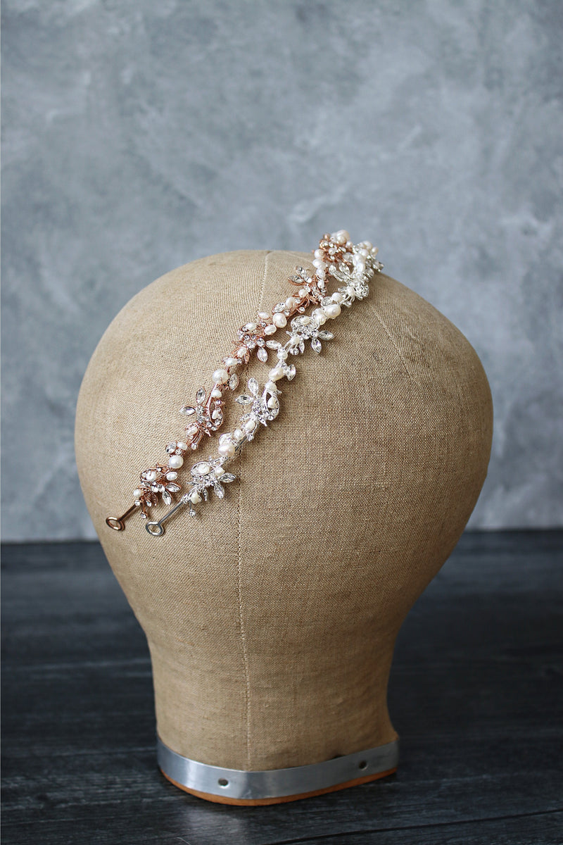 EDSLB Headpieces ABIGAIL Rose Gold and Freshwater Pearl Bridal Crystal Headband