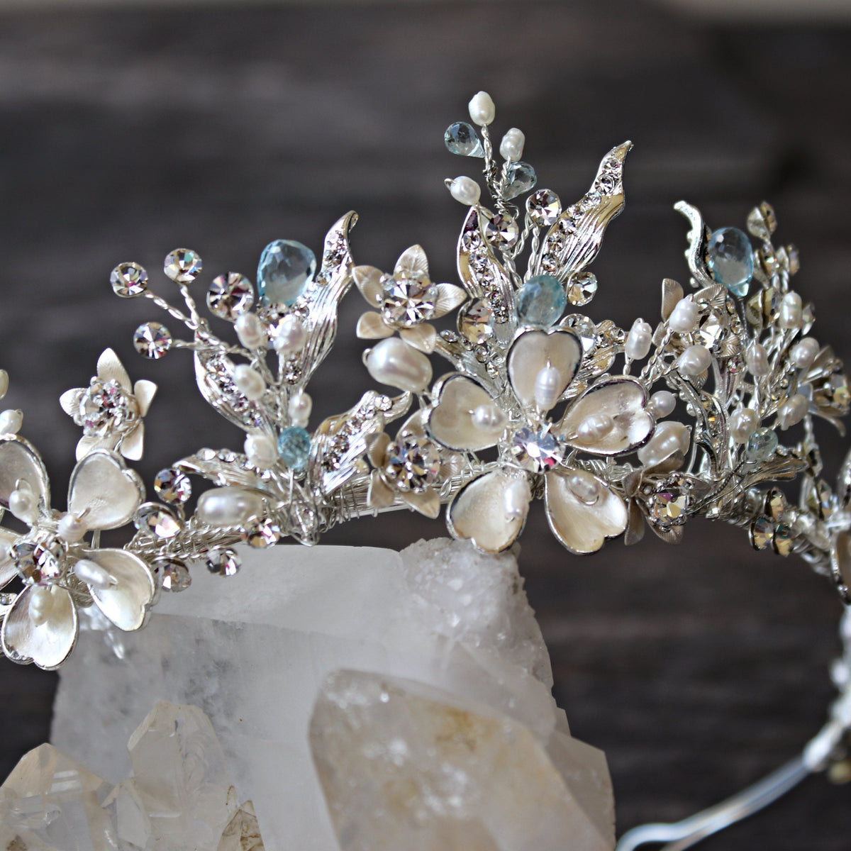 GENEVIEVE Tiara with Genuine Aquamarine and Blue Topaz Gemstone Briole